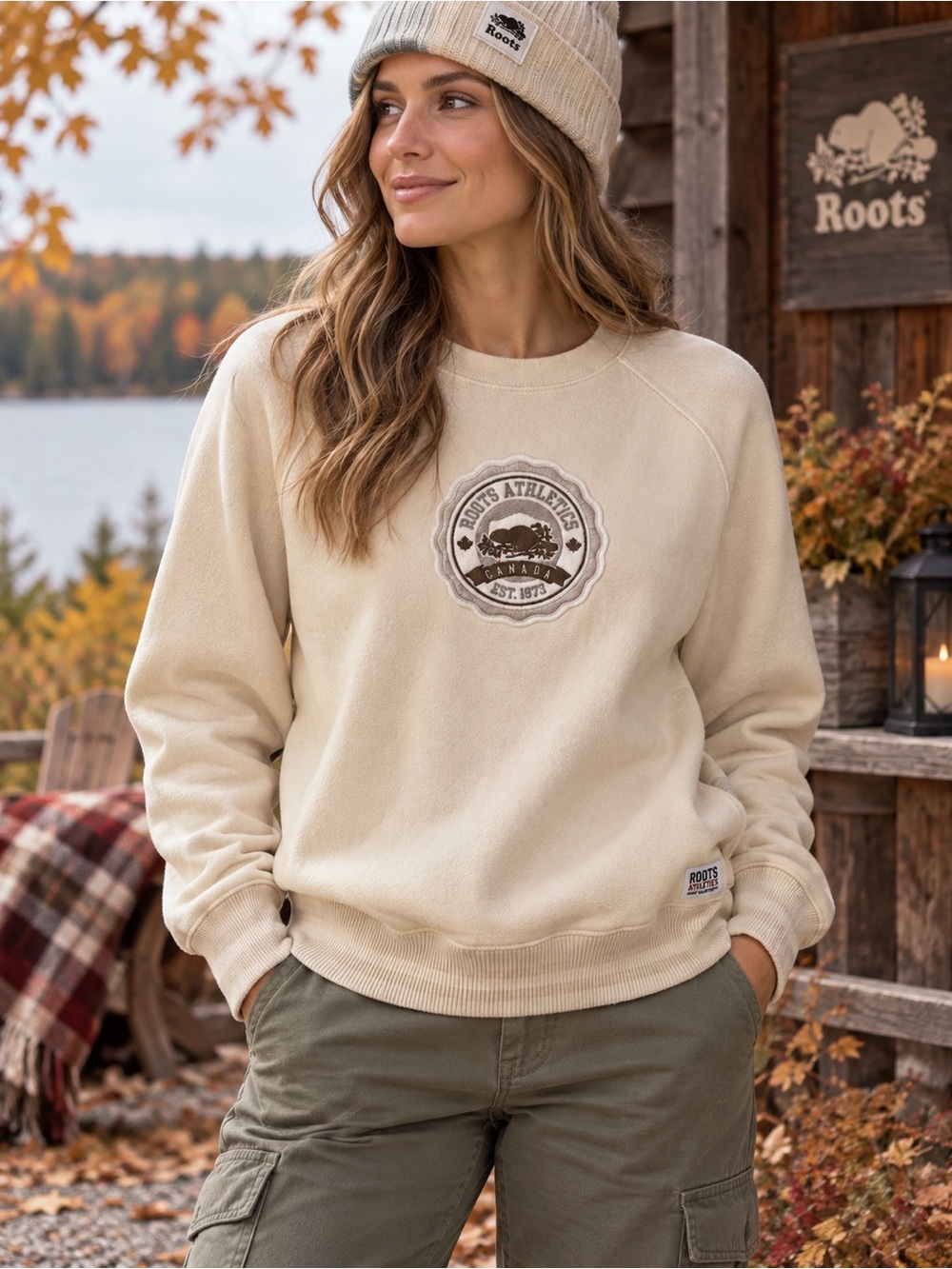 Roots Size Small Women's Cream Crewneck Sweatshirt